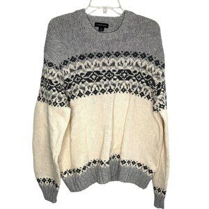 Lands End Knit Nordic Sweater Gray Ivory Mens Size L Wool Blend